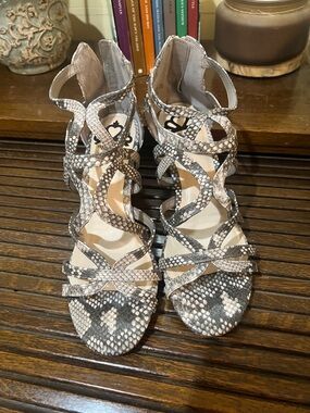 Rialto Gray Beige Snake-Print Strappy Heels